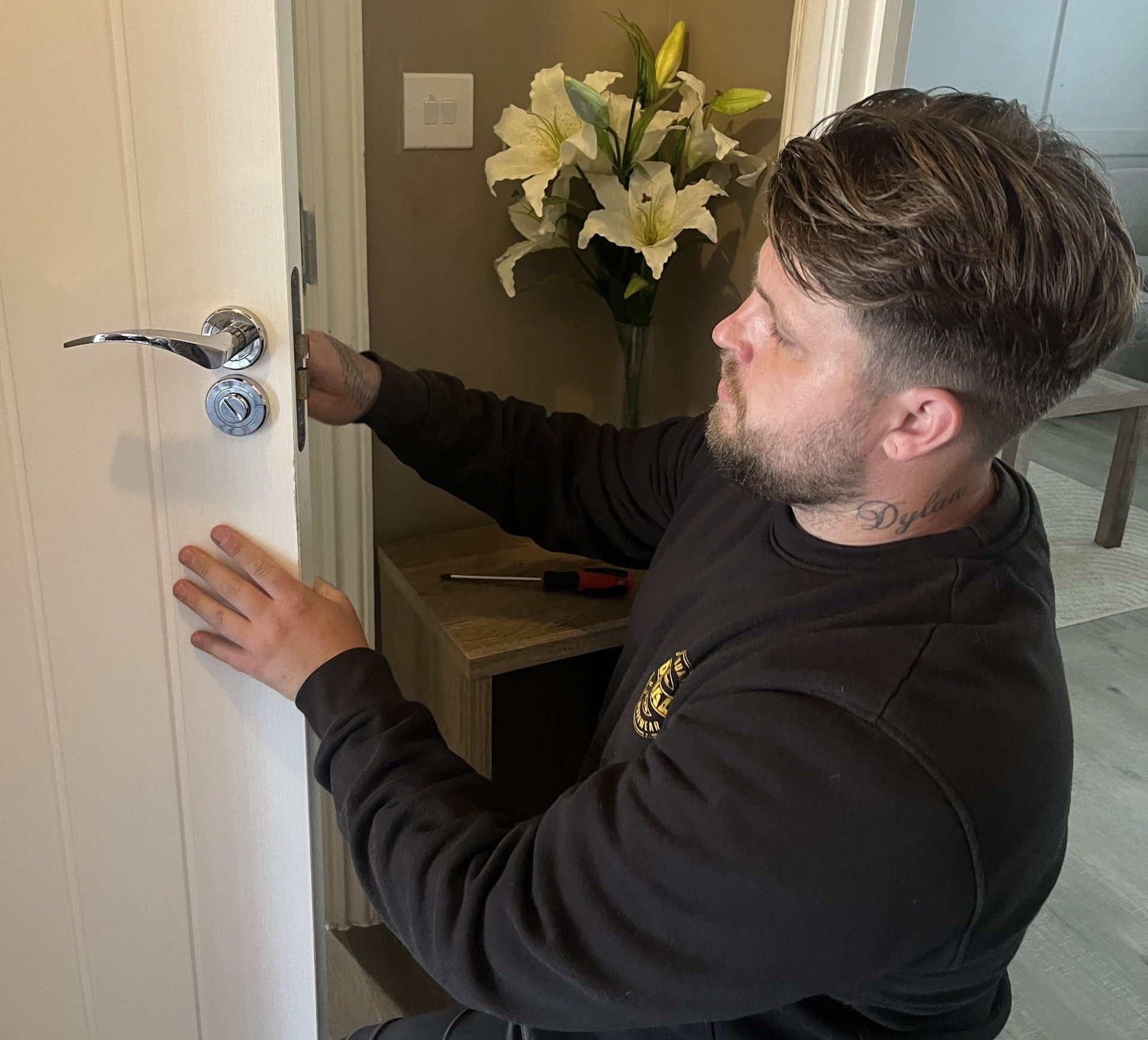 Seymour Locksmiths locksmith Connor repairing an internal door lock